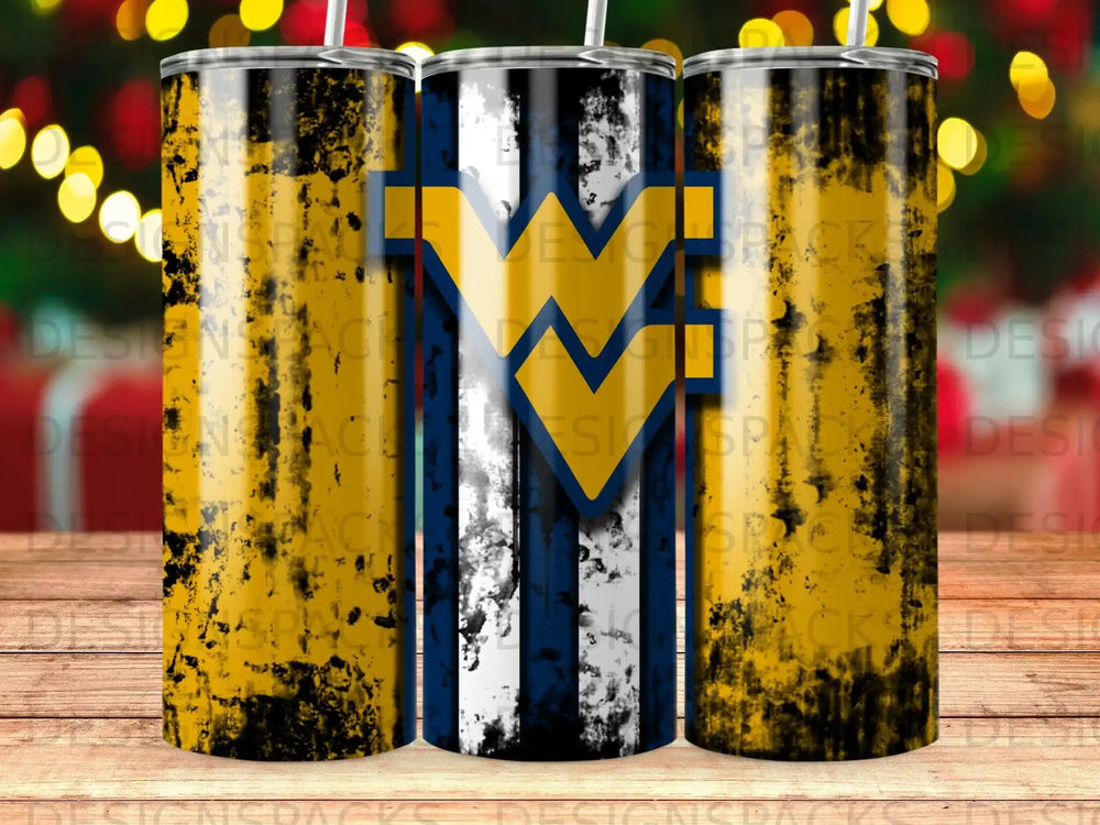 West Virginia Mountaineers tumbler with blue and gold stripes.