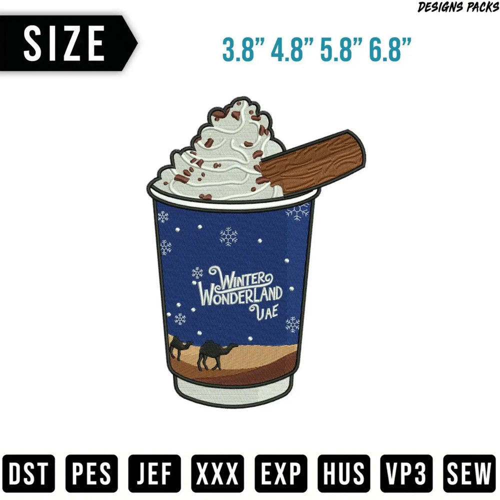 Embroidery design of a hot chocolate cup with "Winter Wonderland UAE" text.