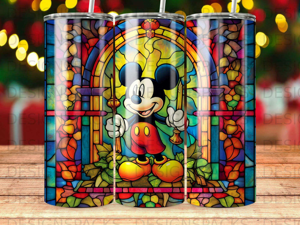 Mickey Mouse in stained glass, holding a candle and a flower.