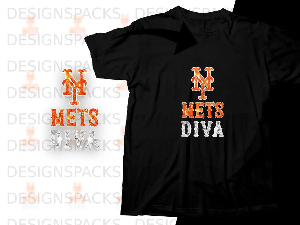 Black t-shirt with orange and blue "Mets Diva" graphic.