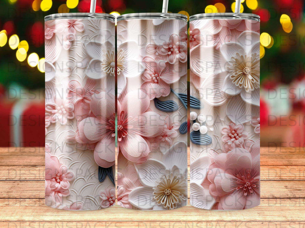 Pink and white floral tumbler with delicate embossed flower design.