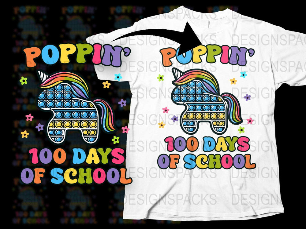 Colorful Poppin' Unicorn T-Shirt, 100 Days of School Celebration, Kids Rainbow Graphic Tee, Trendy Children's Wear, Unisex Shirt Design