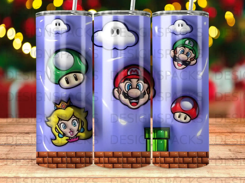 Three purple tumblers featuring Mario, Luigi, Peach, and mushrooms.