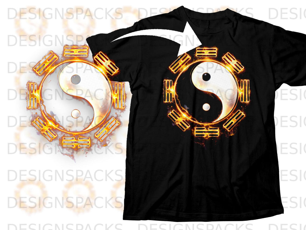 Black t-shirt with a glowing yin and yang symbol surrounded by golden Bagua symbols.