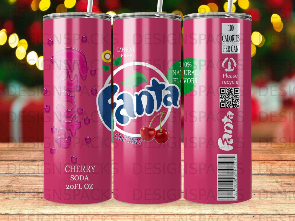 Fanta Cherry soda can with nutritional information and barcode.