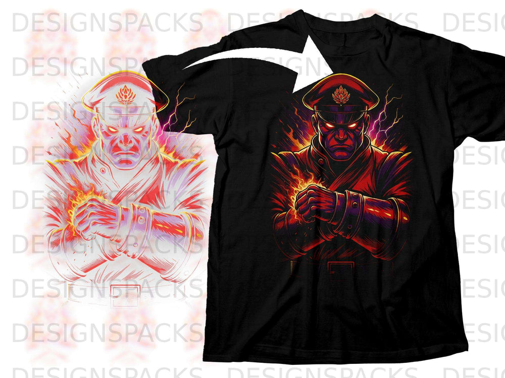 Black t-shirt with a graphic of a red-eyed, caped figure engulfed in fire.