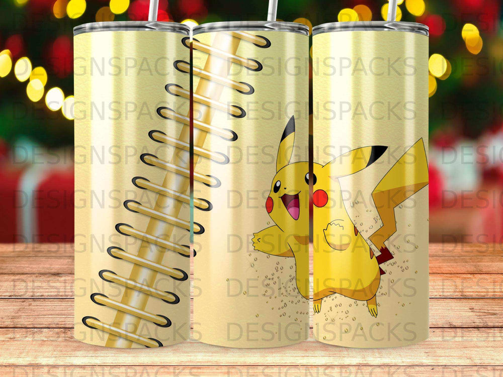 Pikachu on a tumbler with a repeating pattern of small circles and "SIGNSPACE" watermark.