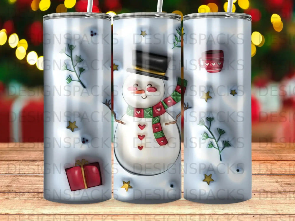 Snowman with red scarf and gift on festive background with watermarks.