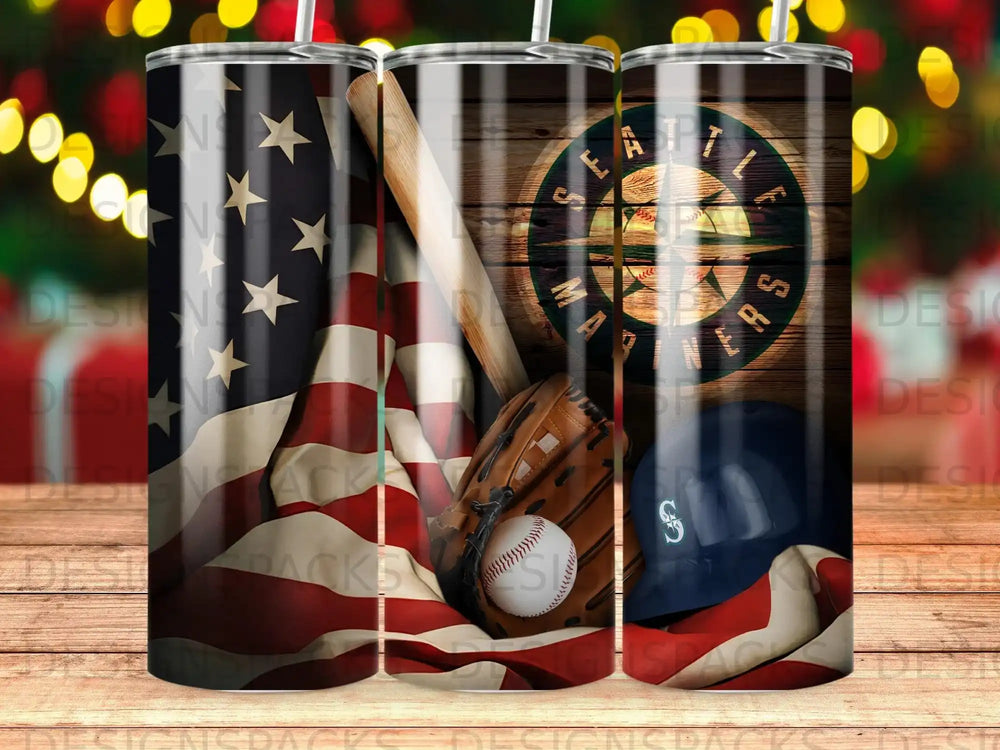 Baseball helmet, glove, ball, and US flag against a wooden background.