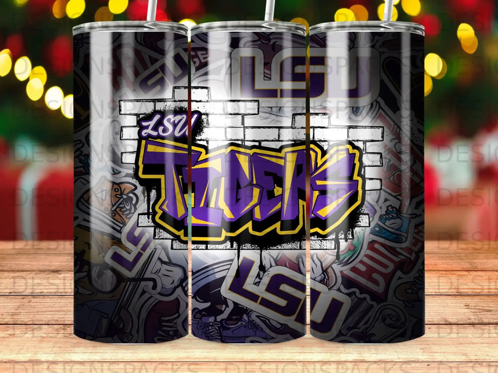 LSU Tigers logo on a brick pattern tumbler.