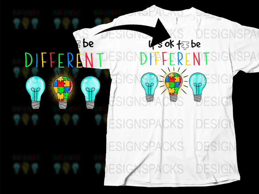 Autism Awareness T-Shirt Colorful Puzzle Pieces Light Bulb Graphic It's OK to be Different