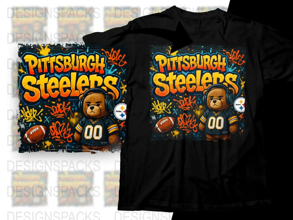 Pittsburgh Steelers Fan T-Shirt, Cute Bear Graphic, Football Season Black Tee, Sports Apparel
