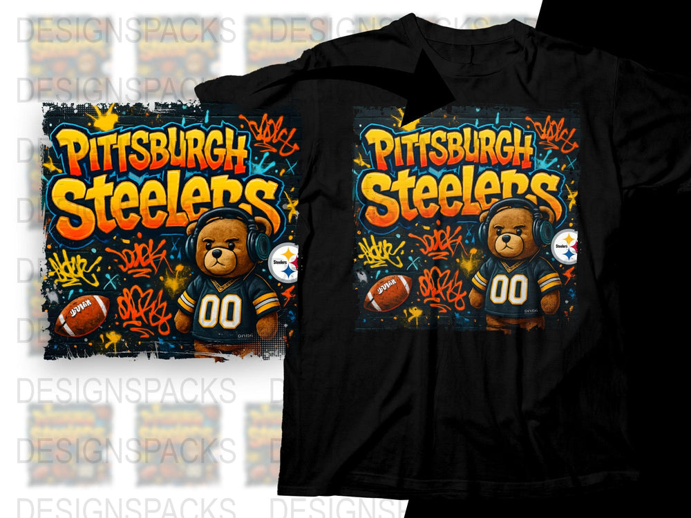 Pittsburgh Steelers Fan T-Shirt, Cute Bear Graphic, Football Season Black Tee, Sports Apparel