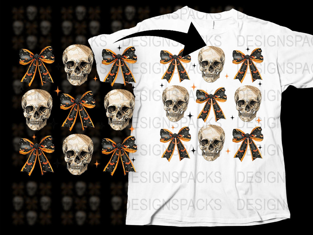 Gothic Skull and Orange Bow T-Shirt, Halloween Graphic Tee, Unisex Skull Shirt Design, Unique Horror Apparel