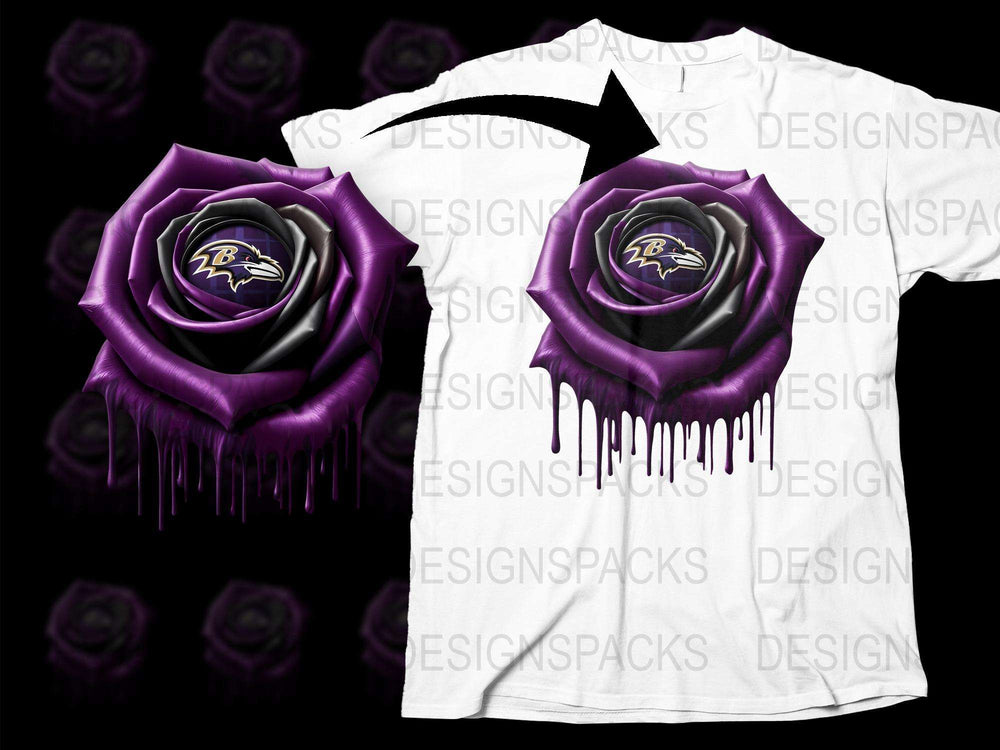 Baltimore Ravens Themed Floral T-Shirt, Purple Rose Dripping Design, Unisex Football Fan Apparel