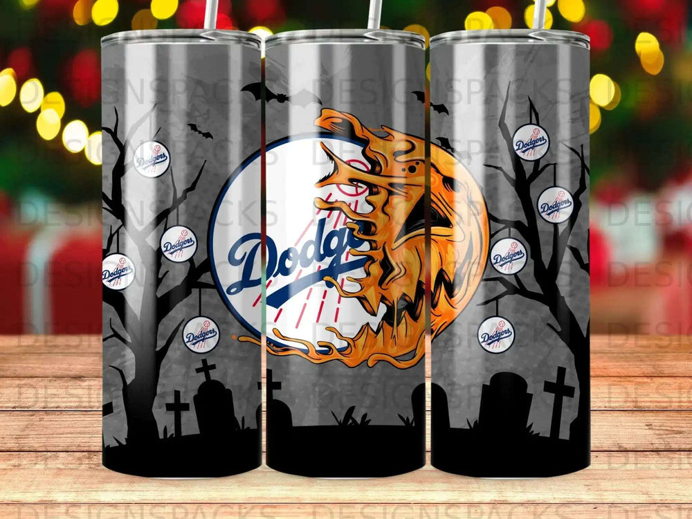 Los Angeles Dodgers Halloween-themed tumbler with tombstones and bats.