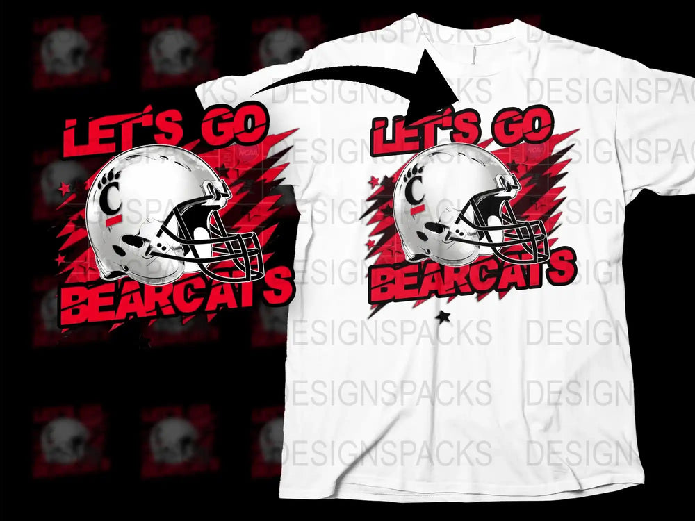 Let's Go Bearcats Football Helmet Graphic T-Shirt, Red and White Sports Fan Apparel, Casual Wear