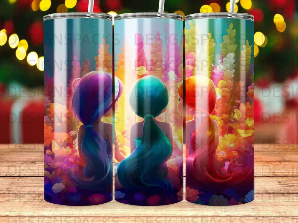 Three tumblers with abstract floral and light designs, featuring girls' hairstyles.