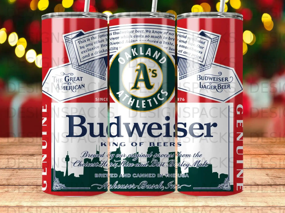 Budweiser beer can with Oakland A's logo and USA flag design.