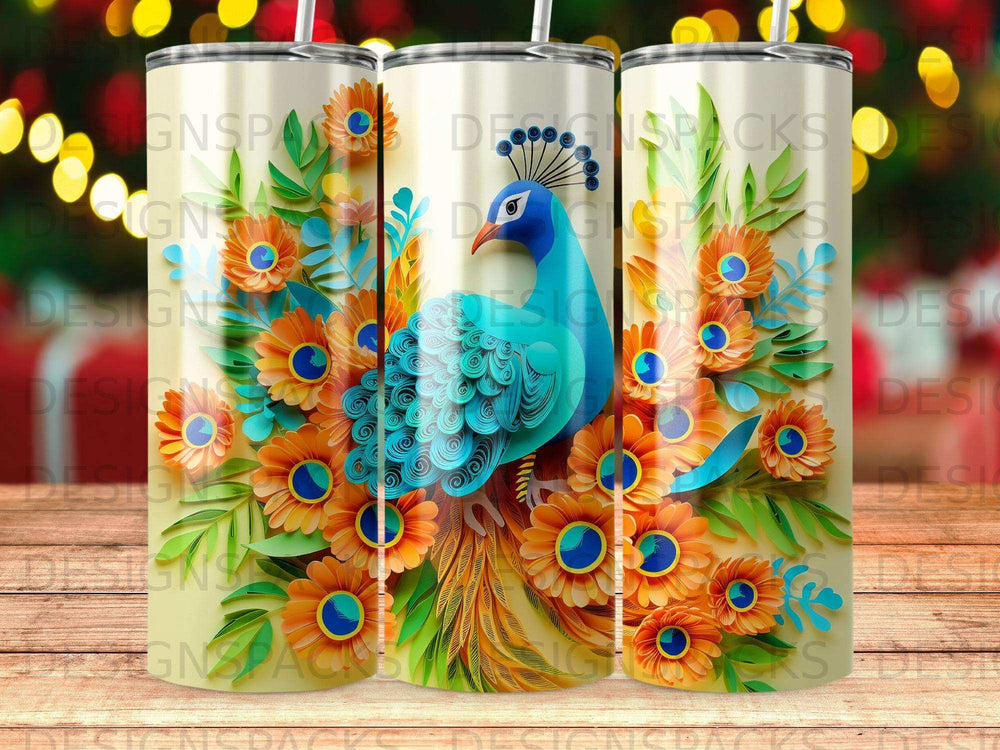 Three tumblers decorated with a blue peacock and orange flowers.