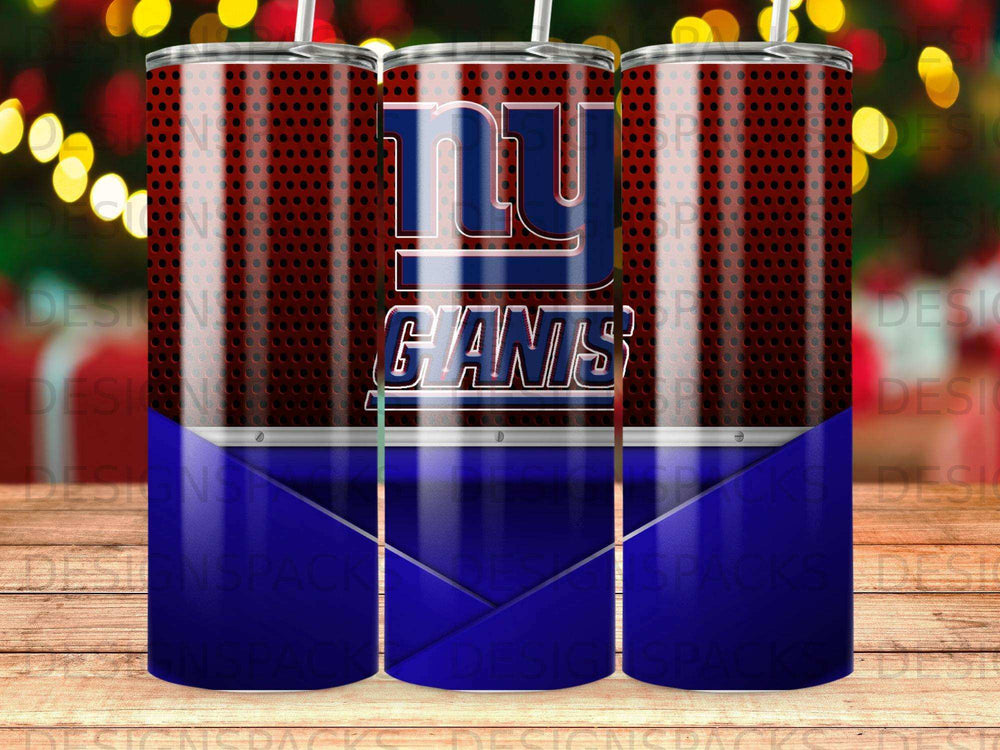 New York Giants tumbler with team logo and blue metallic stripes.