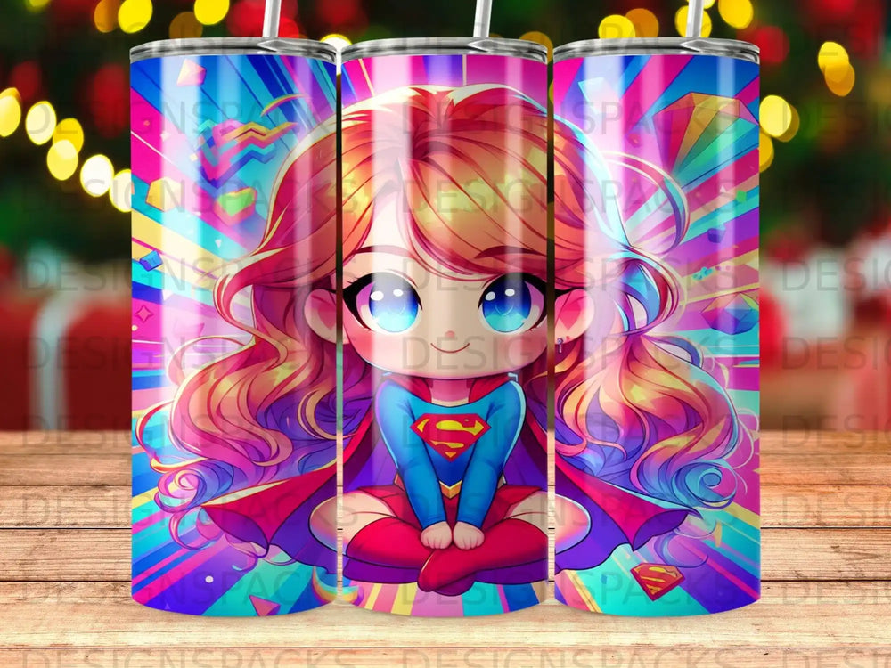 Chibi Supergirl with colorful background and superhero logo.