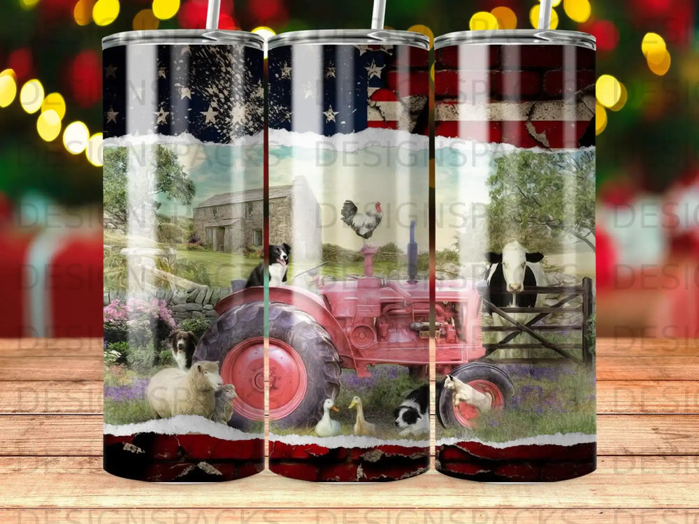Red tractor with barn, American flag, and farm animals.