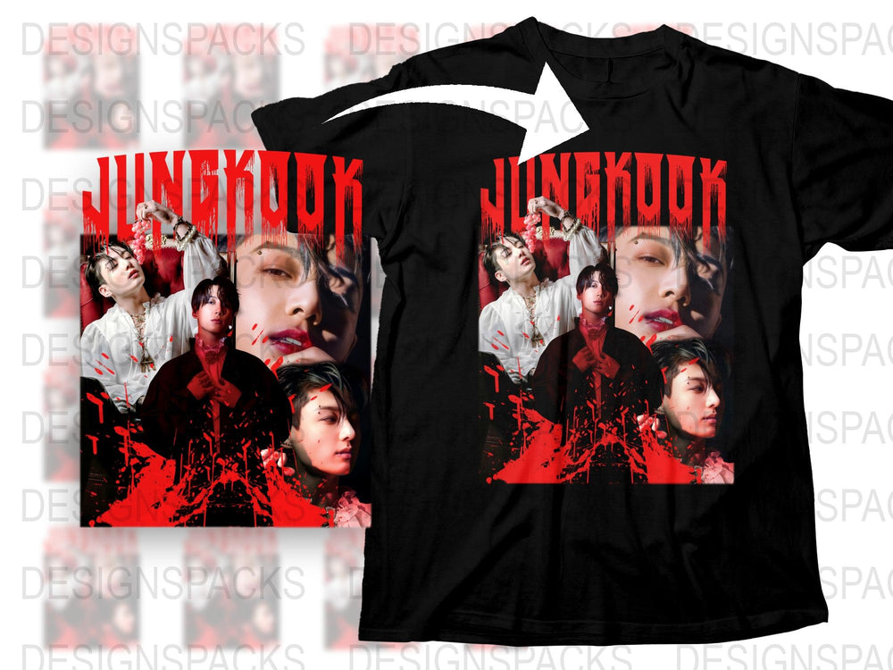 Black T-Shirt with Music Artist Photo Collage, Red Graphic Splatter, Fashionable Band Tee