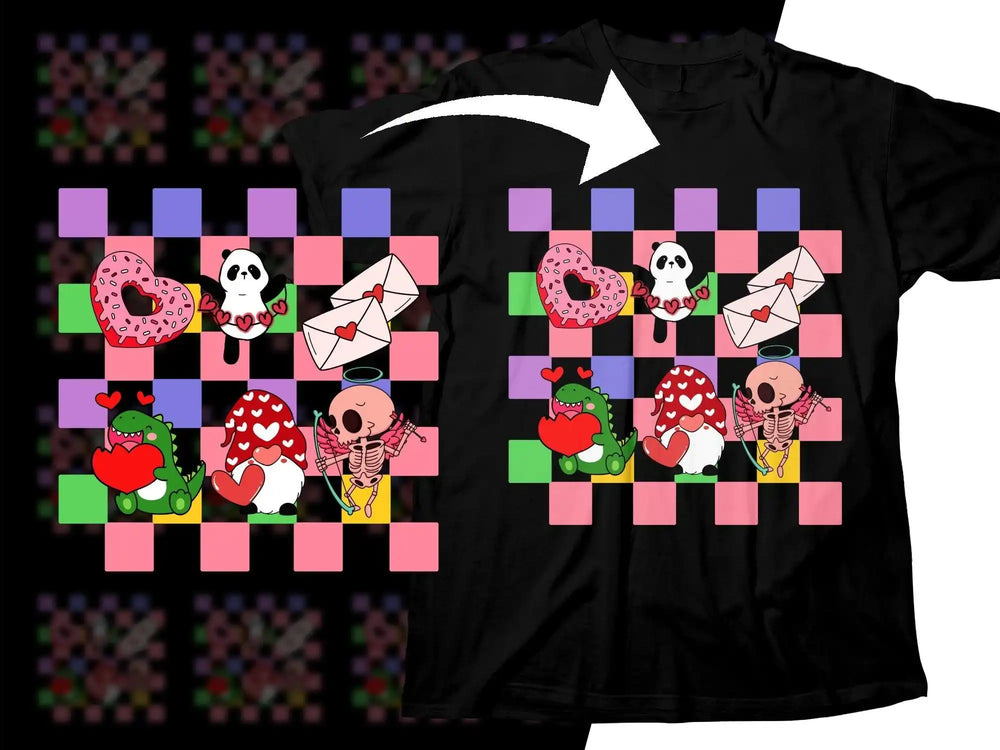 Cute Valentine's design with panda, dinosaur, skeleton, and donut on black t-shirt, colorful checkered background