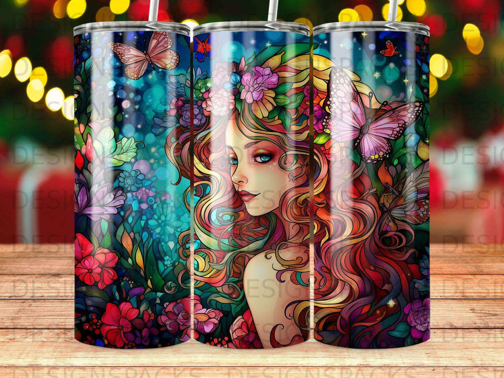 Woman with colorful hair and butterflies, surrounded by flowers and bokeh lights.
