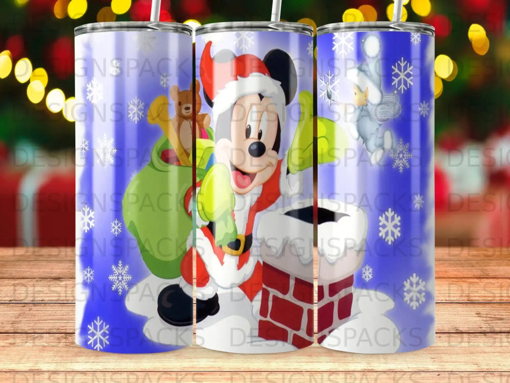 Mickey Mouse in a Santa suit holding a sack of toys by a chimney.