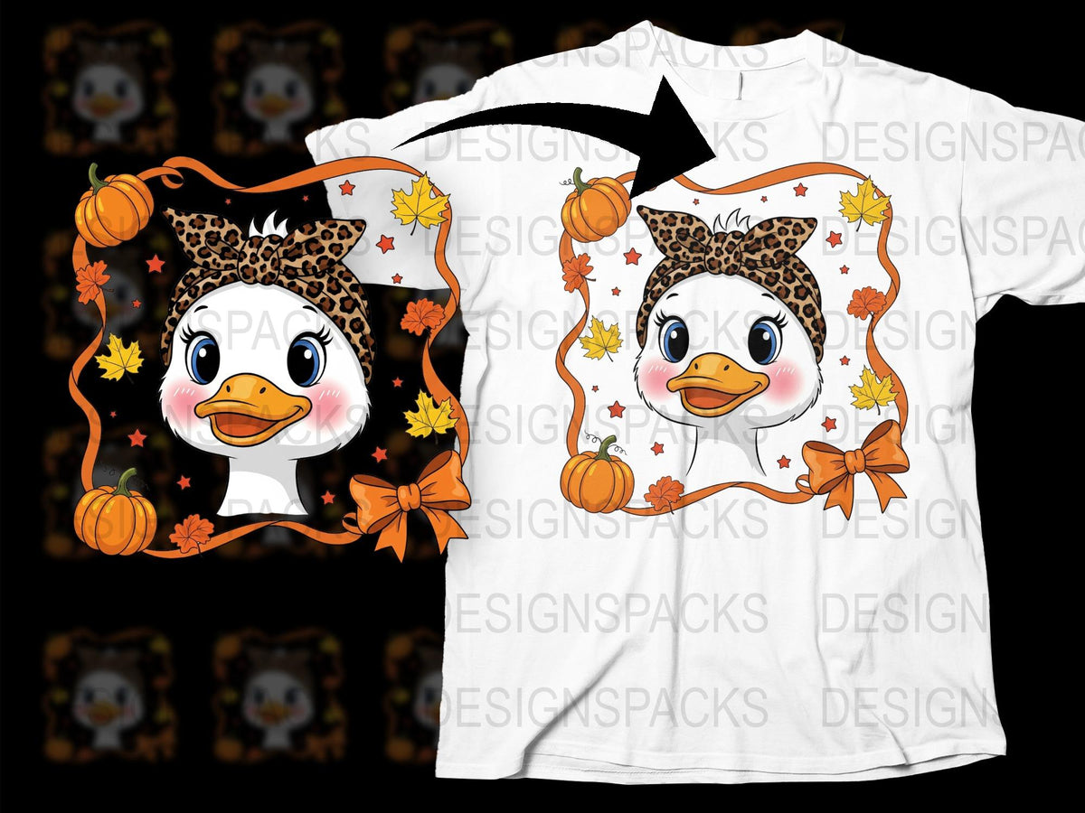 Cute Autumn Duck T-Shirt, Fall Pumpkin and Leaves Design, Leopard Print, Unisex Kids Fashion