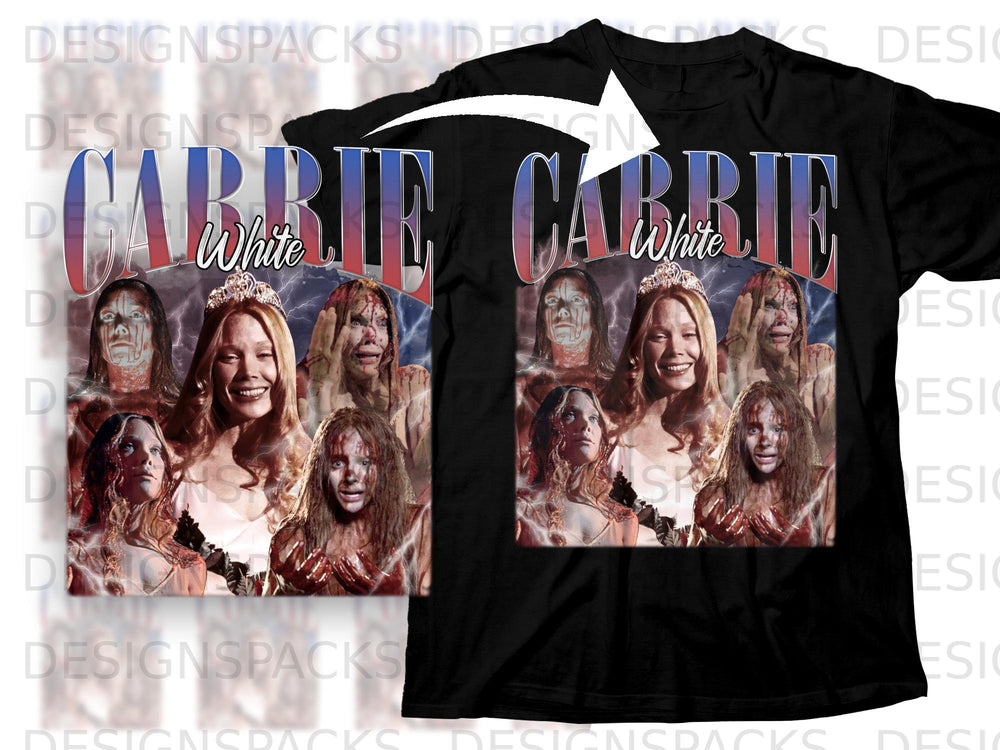 Carrie White collage with red and blue text on a black t-shirt.