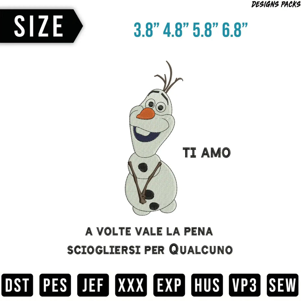 Olaf the snowman embroidery design with size and file format options.