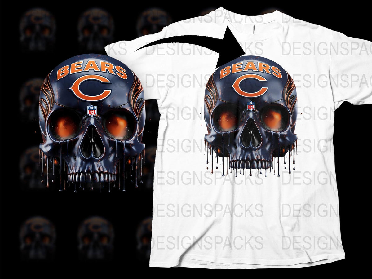 Chicago Bears Skull Graphic T-Shirt, NFL Team Orange Blue Fan Apparel, Unique Sports Clothing Gift