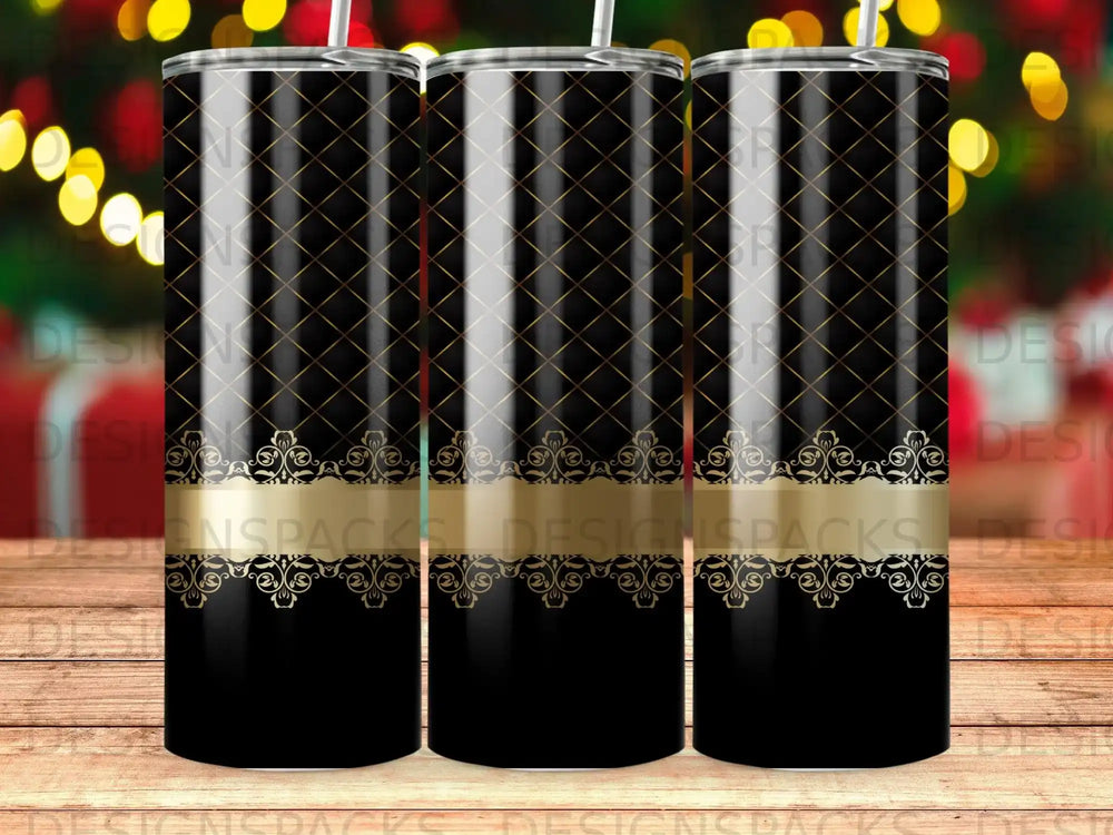 Three black tumblers with gold diamond pattern and ornate band.