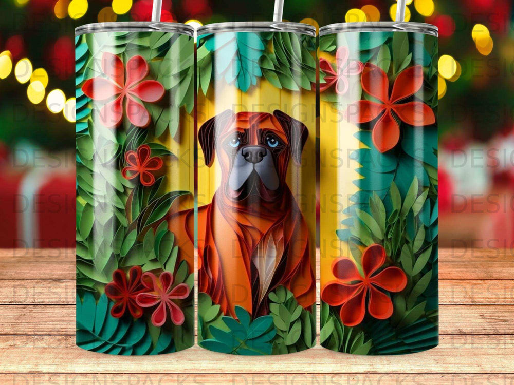 Boxer dog in floral and foliage design on a tumbler.