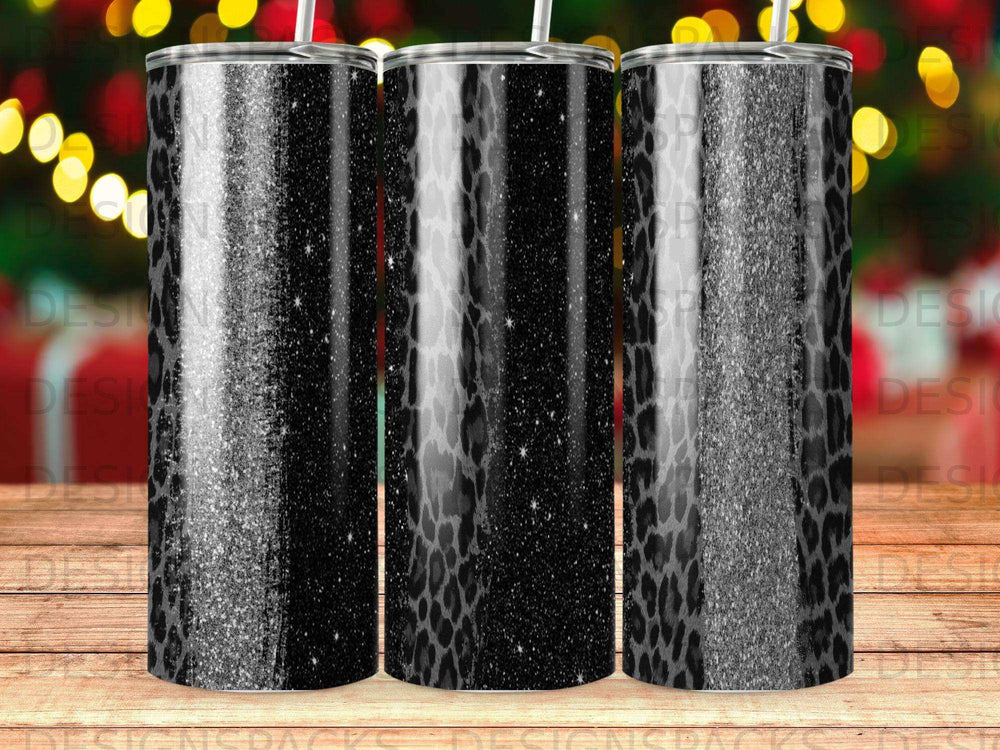 Tumbler with black leopard print and silver glitter accents.