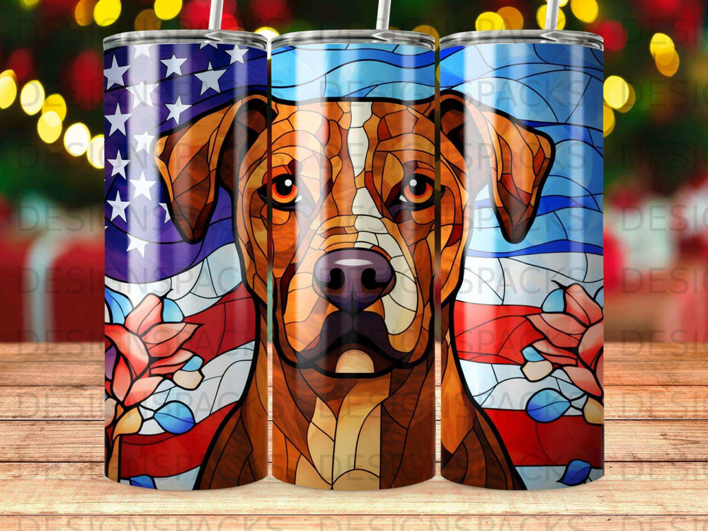 Stained glass Rottweiler face with American flag and flowers.
