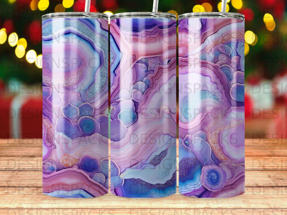 Tumbler with swirling purple, blue, and pink agate pattern and gold accents.