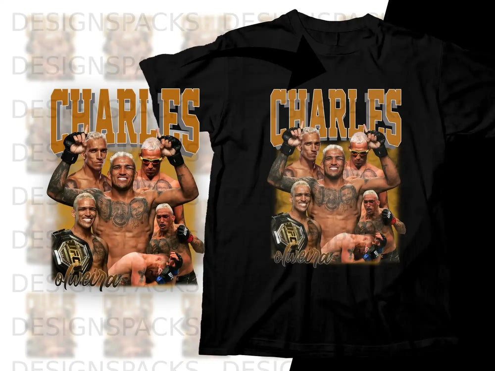 Charles Oliveira collage with UFC belt, in t-shirt graphic.