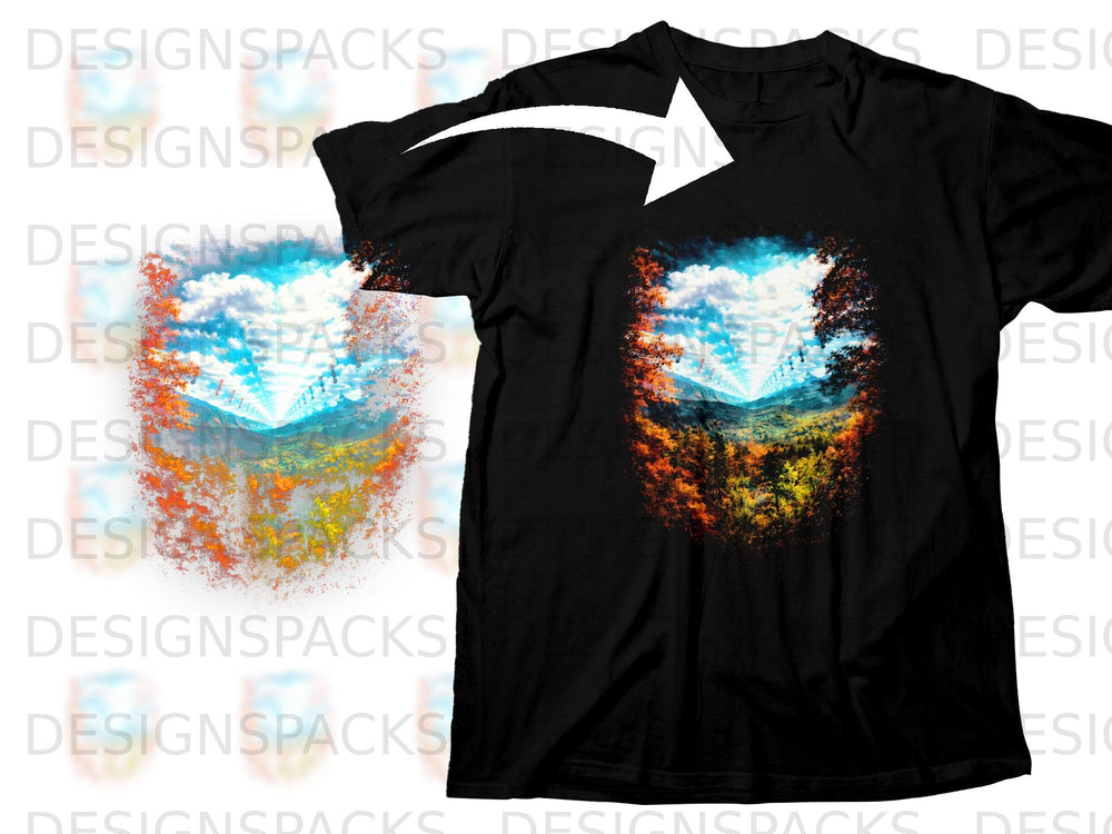 Black t-shirt with a vibrant, abstract landscape graphic featuring sky and foliage.