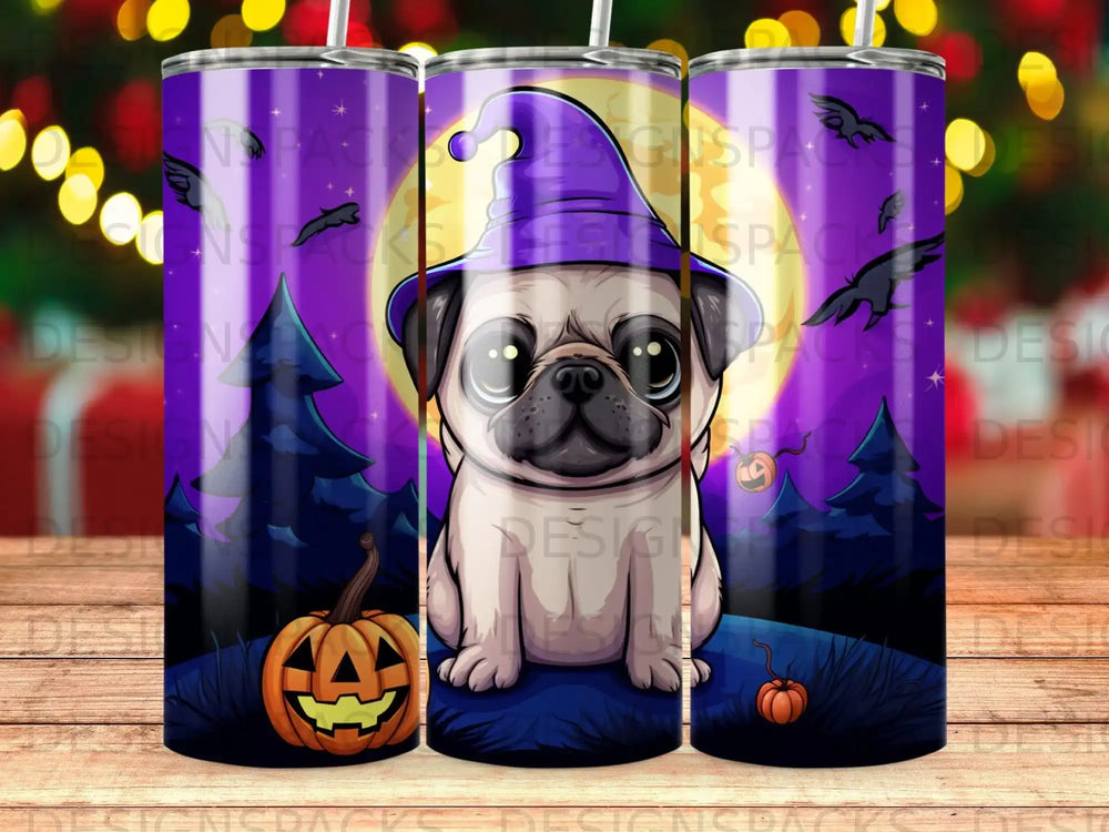Pug in a witch hat with a jack-o'-lantern under a moonlit sky.