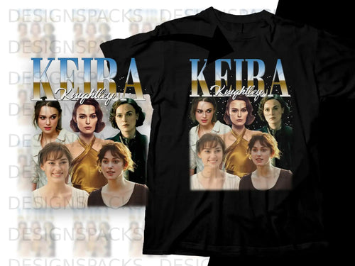 Keira Knightley collage on black t-shirt design.