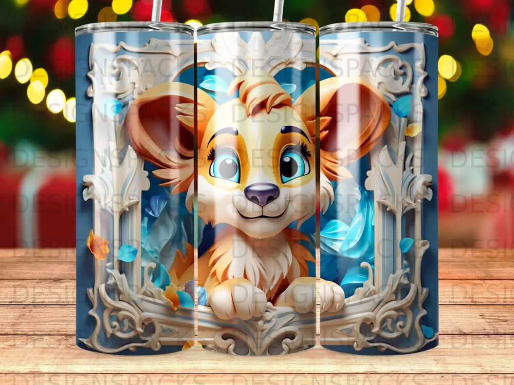 Lion cub with blue eyes framed by ornate blue and gold border with floral accents.