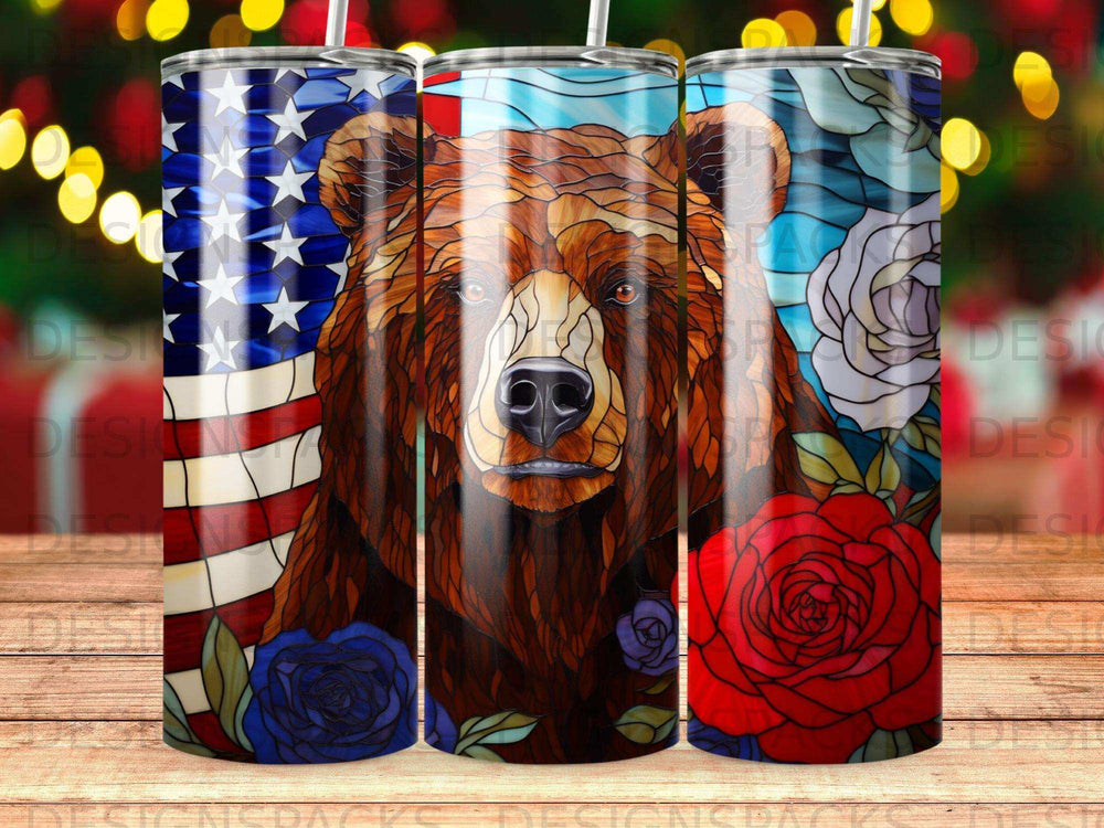 Bear with American flag and roses stained glass design tumbler.