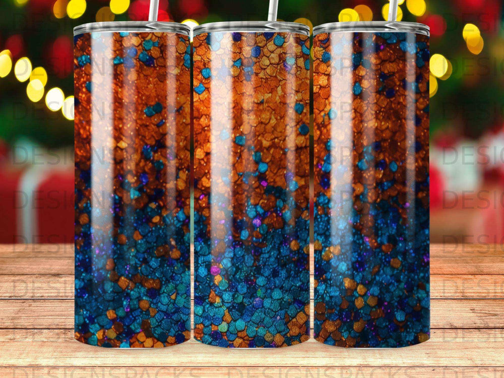 Tumbling tumbler with blue and orange glitter pattern and blurred bokeh lights background.