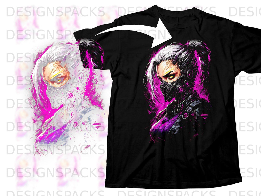 Black t-shirt with a cyberpunk woman graphic featuring pink and purple accents.