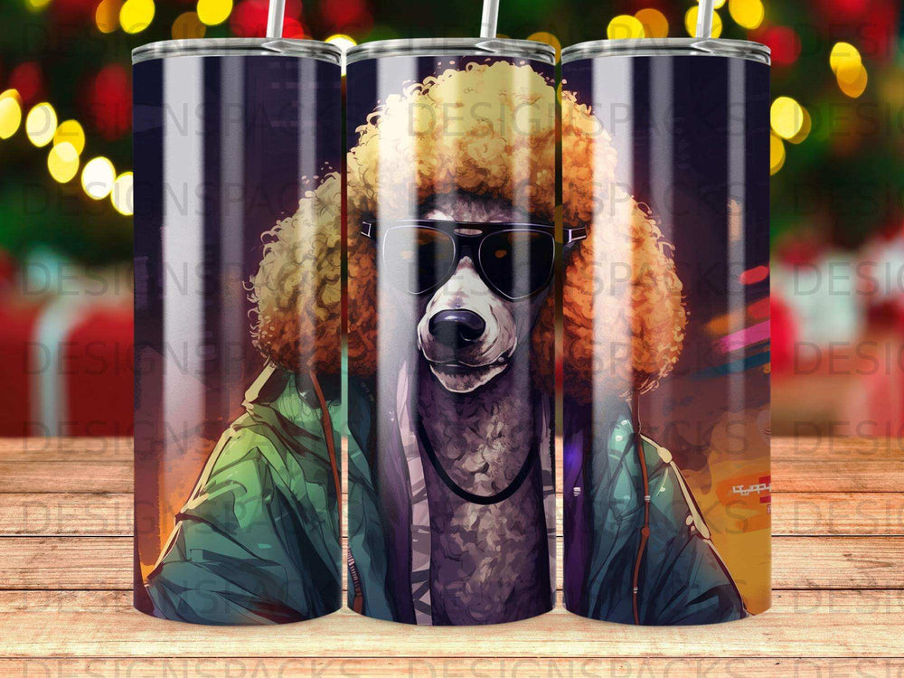 Poodle wearing sunglasses and a green jacket, illustrated on a tumbler.