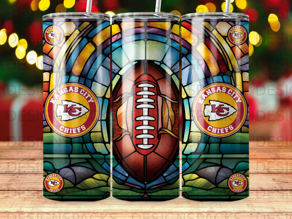 Kansas City Chiefs football and stained glass pattern on a tumbler.